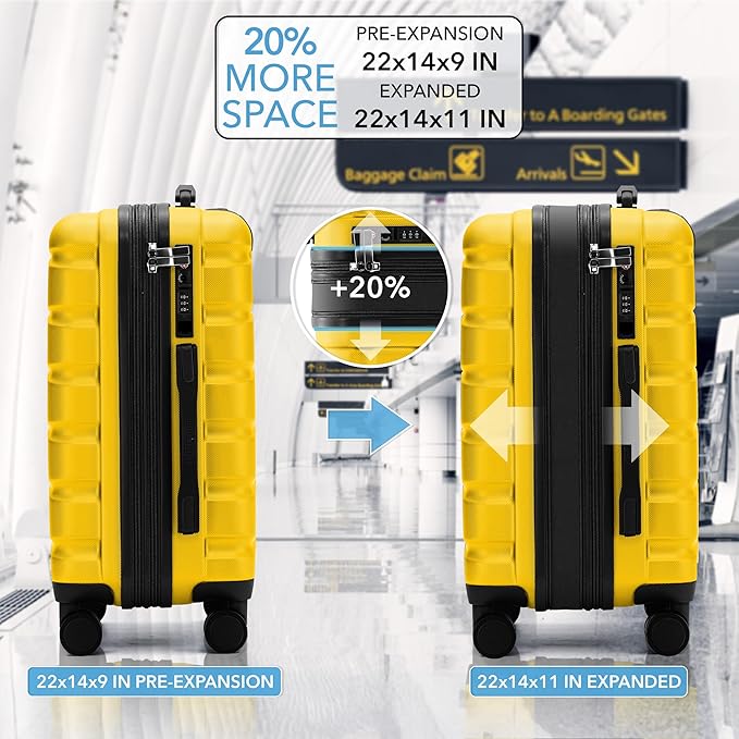 Flight Knight 22x14x9" Expandable Carry On Suitcase Hardside TSA Lock USB C Port Lightweight Luggage Silent Double Spinner Wheels Maximum Overhead Carry-On Bag For American & United Approved Airlines