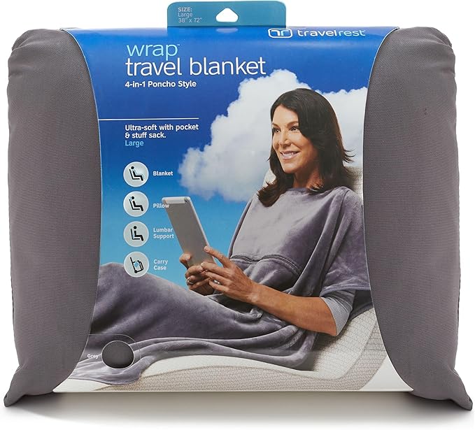 TRAVELREST 4-in-1 Travel Blanket – Wearable Blanket, Pillow & Body Wrap, Lightweight, Compact & Cozy with Carry Case, Travel Friendly, Comfort, Ideal for Airplanes, Long Flights, Road Trips - Grey
