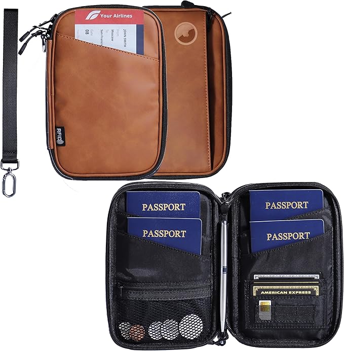 family passport holder for 4 passport wallet for travel passport cover rfid blocking for women waterproof wallet with zipper airtag passport case for men multiple passport bag (BROWN)