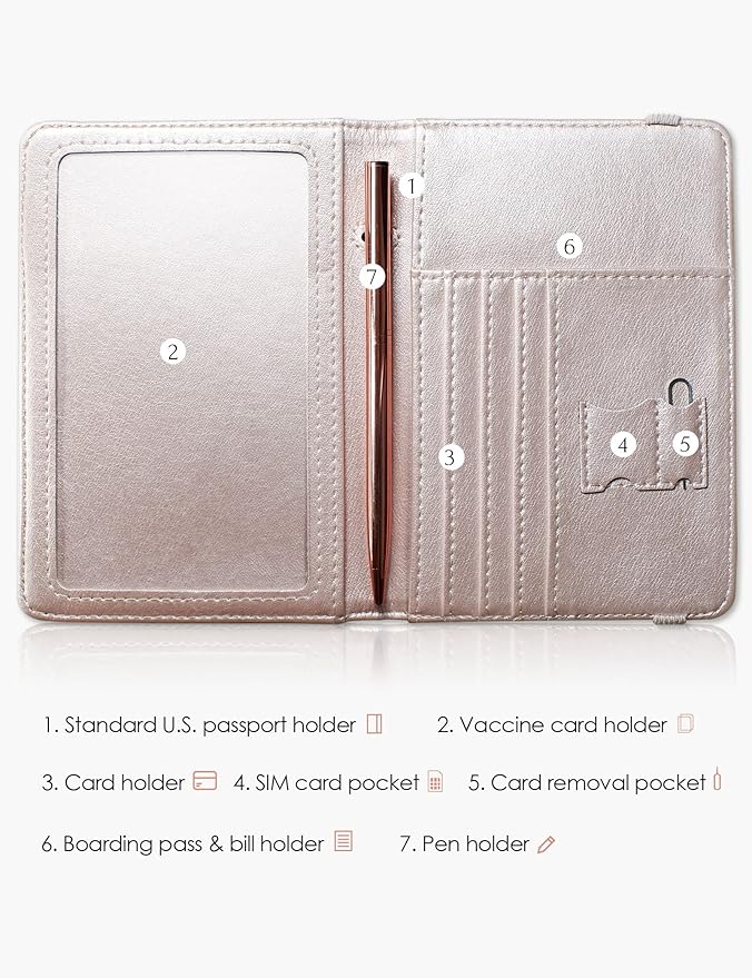 Mymazn Passport and Vaccine Card Holder Combo Passport Holder Wallet With Vaccination Card Holder Passport Case with RFID Blocking Clear Pocket For Vaccine Card Holder (Champagne Pink)