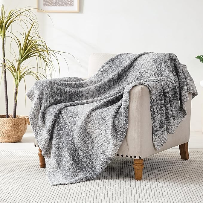Throw Blanket, Grey Gradient Soft Cozy Fluffy Knitted Throw Blankets for Couch, Sofa, Bed, Chair, Warm Fuzzy Plush Travel Picnic Lightweight Blanket, 50x60 inches