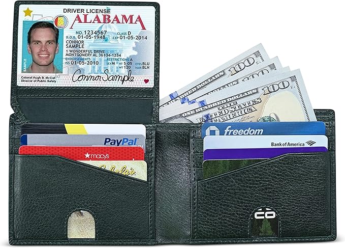 RFID Bifold Leather Wallet For Men with Flip Up ID Secure and Durable Extra Capacity Billfold with 11 Credit Cards in Vintage Buffalo Green, Tight Stitching & Quick Thumb Push Access, Gift Boxed