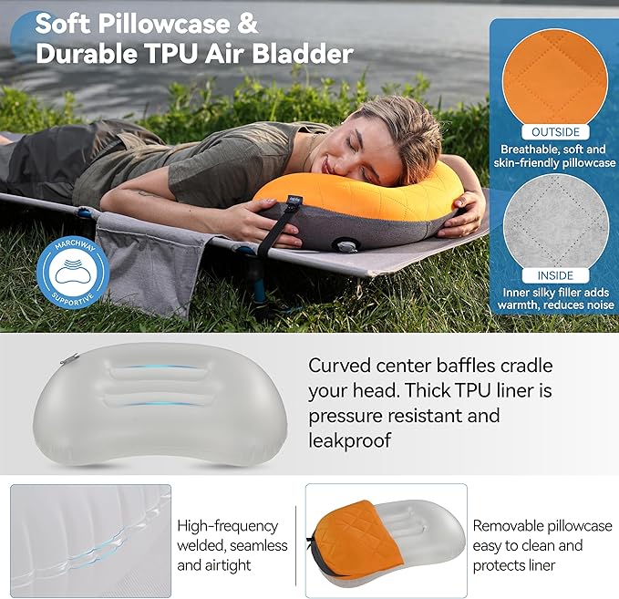 MARCHWAY Ultralight Inflatable Camping Pillow with Soft Washable Cover, Compact Compressible Portable Travel Air Pillow for Outdoor Camp, Sport, Hiking, Backpacking Sleep (Orange)