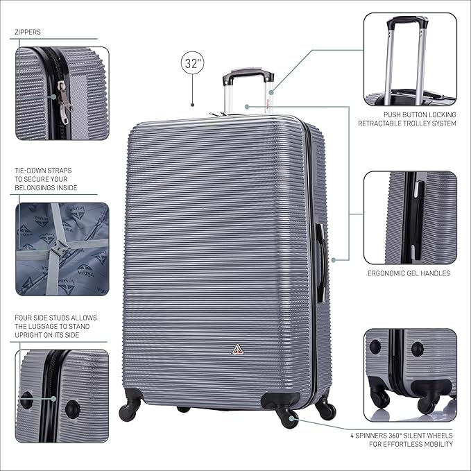 InUSA ROYAL Hardside Spinner Luggage with Ergonomic Handles | Spacious Travel Suitcase with Four Spinner Wheels and Studs | 32 Inch Extra Large Spinner Luggage | Silver