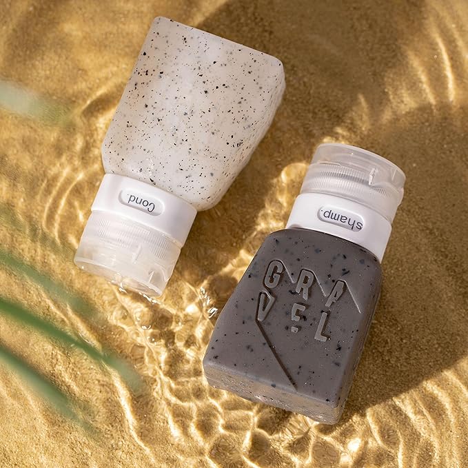 Gravel Silicone Travel Bottles for Toiletries 3oz (2-Pack) – Leakproof, BPA-Free, TSA Approved Travel Bottles with Label System for Shampoo, Conditioner, and Liquid Toiletries (Clear & Gray)
