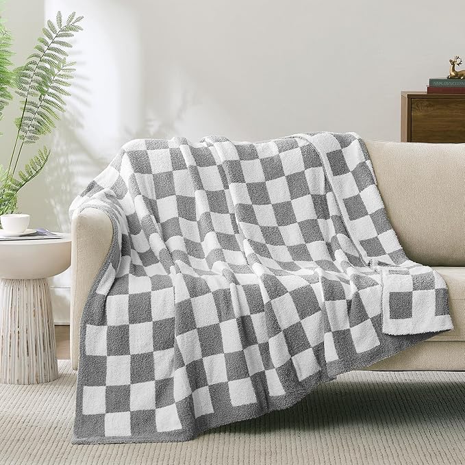 Checkered Throw Blanket, Light Grey Soft Cozy Fluffy Knitted Throw Blankets for Couch, Sofa, Bed, Chair, Warm Fuzzy Travel Picnic Lightweight Plaid Blanket, 60x80 inches