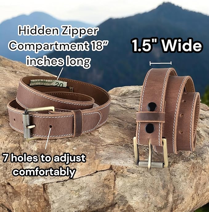 F&L CLASSIC Men’s Money Full Grain leather Belt, Hidden zipper Pocket, USA