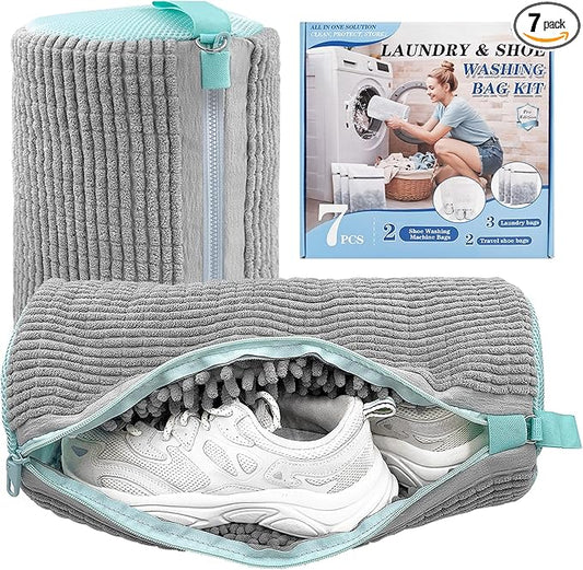 3-IN-1 Laundry & Shoe Washing Machine Bag Kit : Laundry Shoe Bag for Washer and Dryer,Reusable Shoe Cleaning Bag for Sneakers,Tennis,Self-locking Zipper & Microfiber,Include 3 Laundry Bag & 2 Shoe Bag