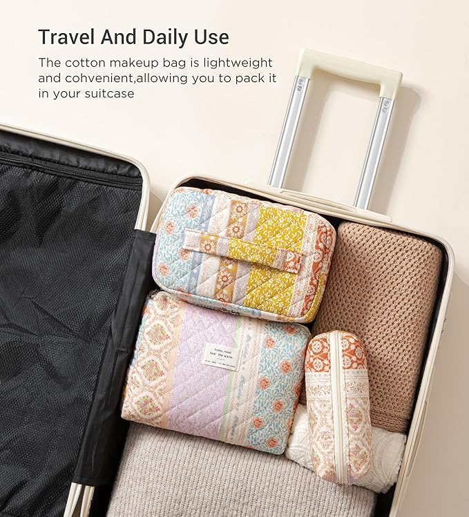 HBselect Quilted Makeup Bag, 3PCS Cotton Large Travel Makeup Bag, Cute Floral Coquette Make up Bag Cosmetic Bag Toiletry Bag for Women Girls
