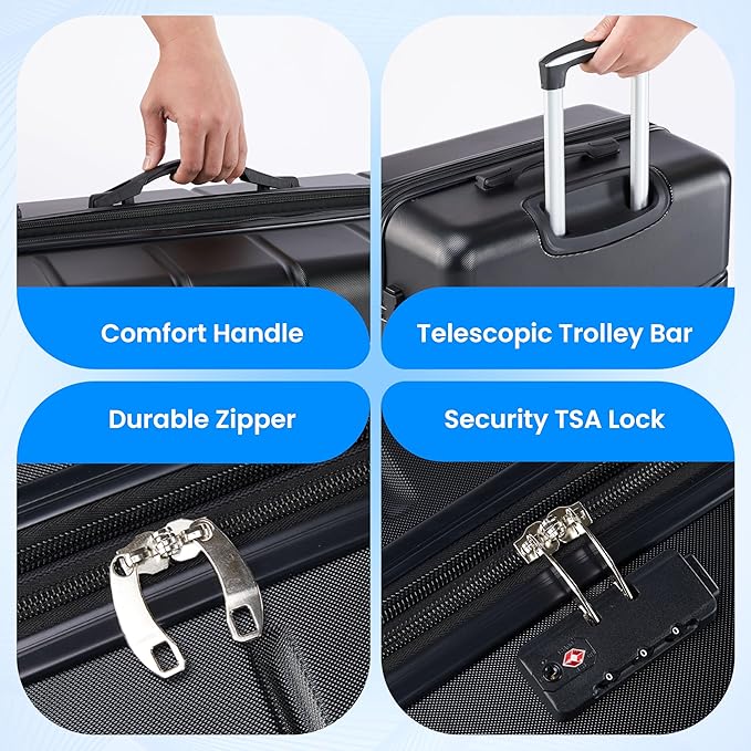 Simple Deluxe 20 Inch Hardside Carry On Luggage, Suitcase with Double Spinner Wheels & TSA Lock, Hard Shell Suitcase, Expandable Rolling Lightweight Luggage, Black