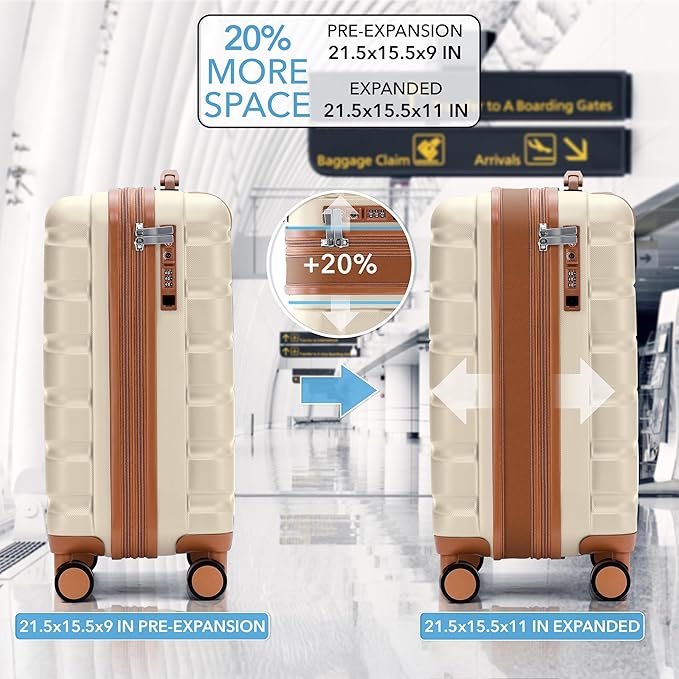 Flight Knight 21.5x15.5x9 Expandable Carry On Suitcase Hardside TSA Lock & USB C Port Lightweight Luggage Silent Double Spinner Wheels Maximum Canada Air Overhead Bag Airlines Approved Cream