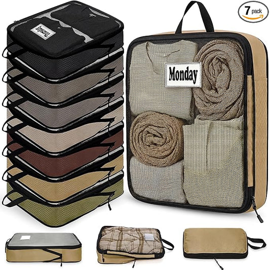 7 Pcs Packing Cubes for Travel Large Days of Week Compression Packing Cube with Labels Luggage Organizers Storage Bag(Brown)
