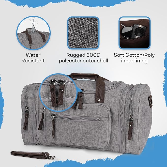 Duffle Bag for Travel 20–23” Expandable (40L) – Lightweight Water-Resistant Carry On Weekender with Multiple Pockets & Shoulder Strap – Airline Approved Travel Duffel Bags for Men & Women - GRAY