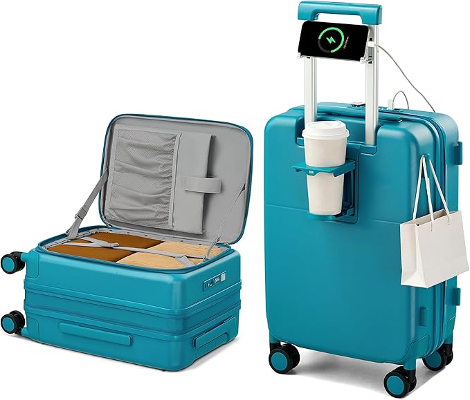Hanke 20 Inch Expandable Carry On Luggage with Cup Holder 22x14x9 Airline Approved, Top Opening Hard Shell Suitcases with Wheels, Carry-On Travel Suitcase Trunk Luggage with Lock, Caribbean Blue