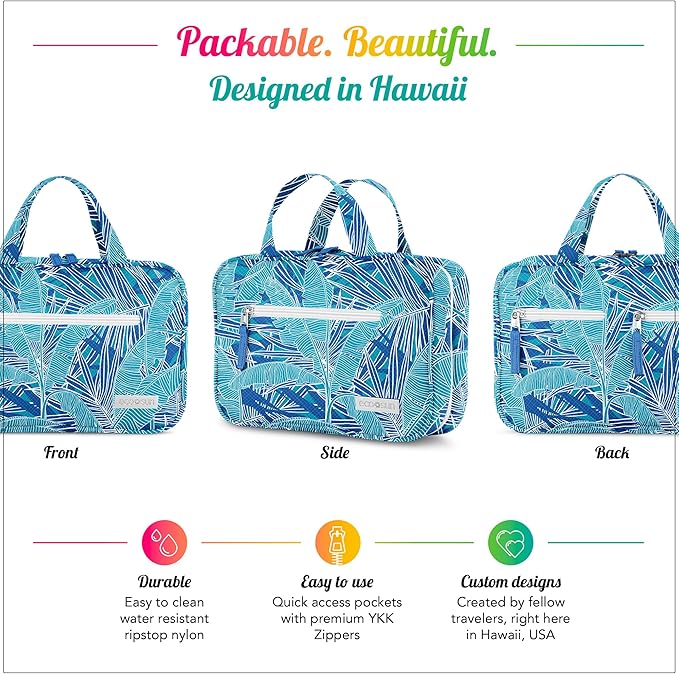 Eco Sun Hanging Travel Toiletry Bag — Designed in Hawaii — Water-resistant Travel Organizer for Bathroom Accessories (Teal Tropic)