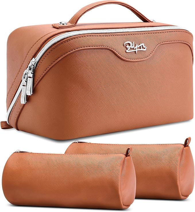 BOYATU Travel Makeup Bag Organizer Cosmetic Bag: 3 Pcs Set Make up Bags for Women with Handle - Waterproof Vegan Leather Toiletry Bags Travel Essentials Pouch with Compartments (C-02-Brown)