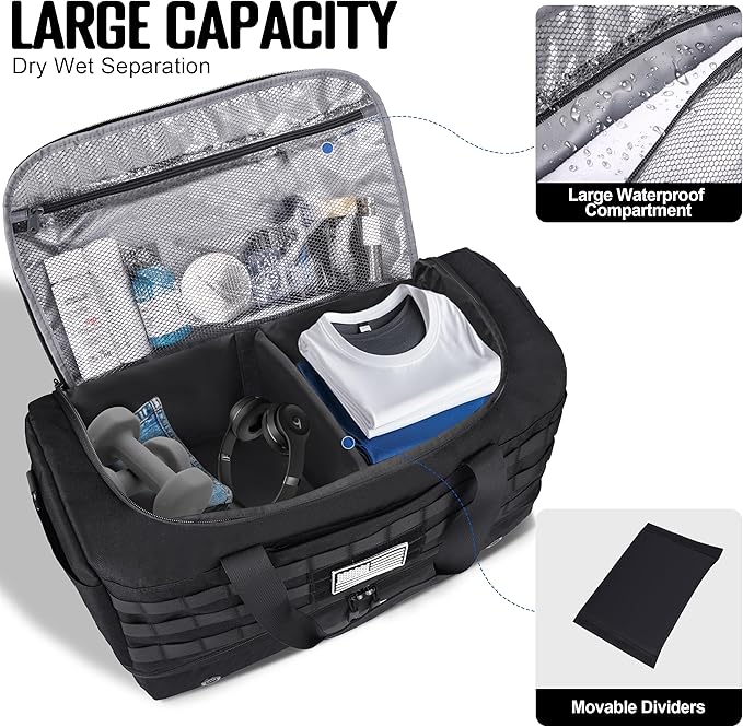 MOZETO Black Duffle Bag for Men, 45L Carry On 22x14x9 Travel Duffle with Shoe Compartment Tactical Inspired Heavy Duty GYM Overnight Bag Wet-Dry Separated Compartment