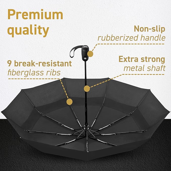 Windproof Compact Umbrella for Rain - 42” Travel Umbrella, Portable, Strong, Collapsible to 11”, Automatic Open Close Button, Vented Double Canopy with Fiberglass/Steel Frame, Wind Resistance to 55MPH