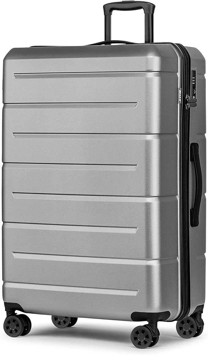 KYME Large Suitcases with Wheels Hardshell 28 Inch Luggage TSA Approved Big Checked Luggage Durable Travel Rolling Suitcase Women Men Silver Grey