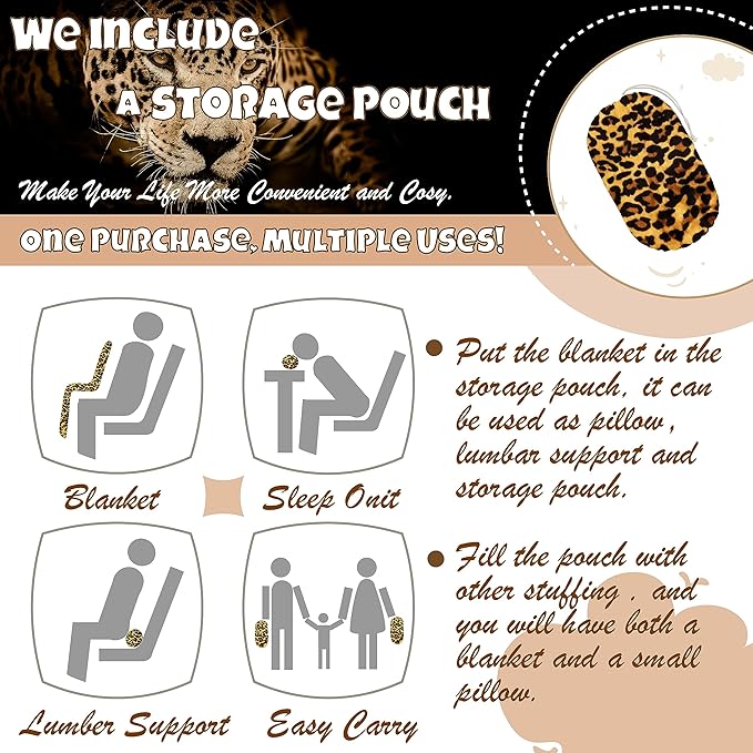 Bnuitland Leopard Print Fleece Flannel Throw Blanket with Storage Pouch for Bed Sofa Travel, 300 GSM Double Sided Super Soft Fuzzy Fluffy Cheetah Print Blanket for Adults and Kids, 50x70 inch
