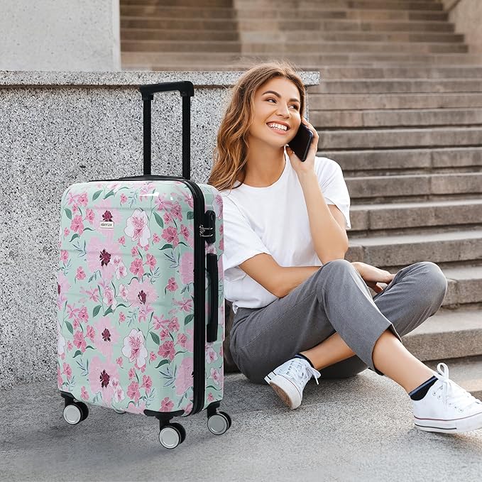 Merax 5 Piece Luggage Set with Spinner Wheels, Lightweight Printing Suitcase Set 8/14/20/24/28 inches, Durable Carry on Luggage with Handbag and Cosmetic Case Suitable all Ages,Green Pink Flower