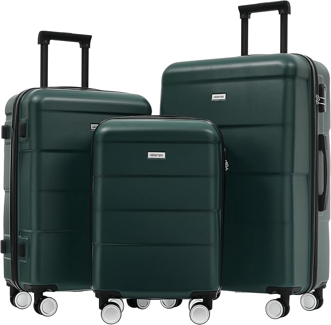 Merax Luggage Sets 3 Piece, Suitcases with Spinner Wheels, Lightweight Travel Luggage with Lock, ABS Hardshell Suitcase Set 20/24/28 IN,Dark Green