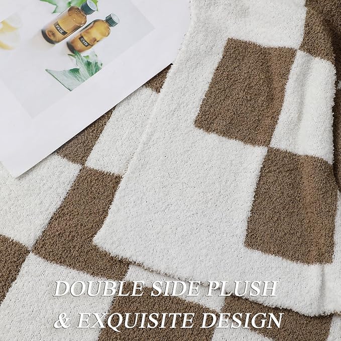 bearberry Fuzzy Checkerboard Grid Throw Blanket Soft Cozy Warm Microfiber Bed Blanket Decor for Couch Sofa Bed Travel Home (Mocha, 60''x80'')