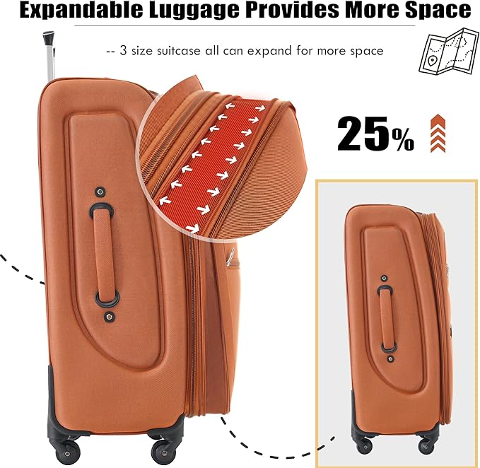 Orange 5 Piece Softside Luggage Sets, Expandable Lightweight Suitcase Sets Double Softshell Spinner Wheels Travel Luggage Set for Women and Men