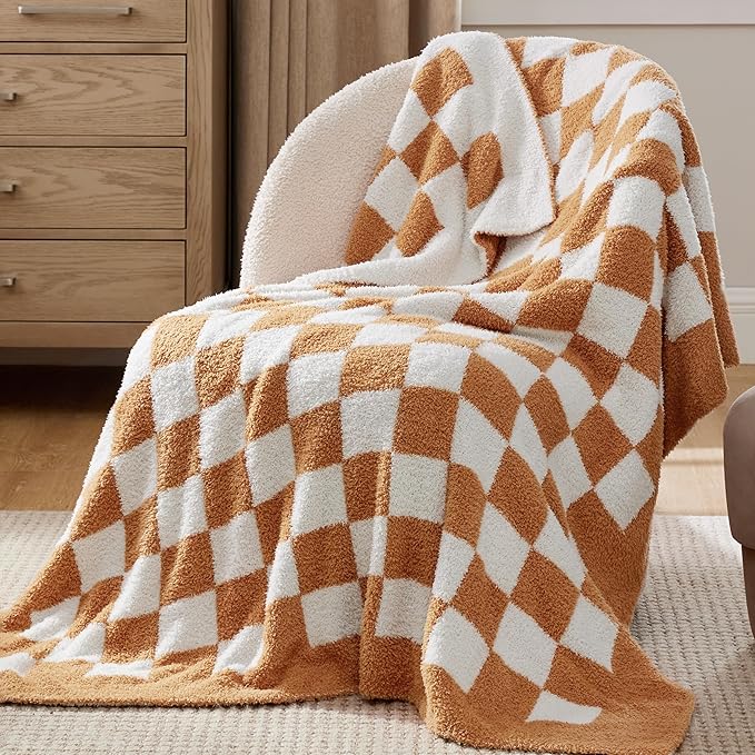 Bedsure GentleSoft Checkered Throw Blanket for Couch - Super Soft Cozy & Warm Knit Burnt Orange Blanket, Breathable, Lightweight & Fluffy Plaid Blankets for Bed, Sofa, Gifts for Women, 50x60 Inches