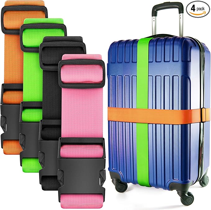 Luggage Straps for Suitcases - TSA Approved - Multicolored, 4 PK - Premium Nylon Belts for Suitcase, Briefcase & Travel Bag - Adjustable Strap Length 46" - 78"