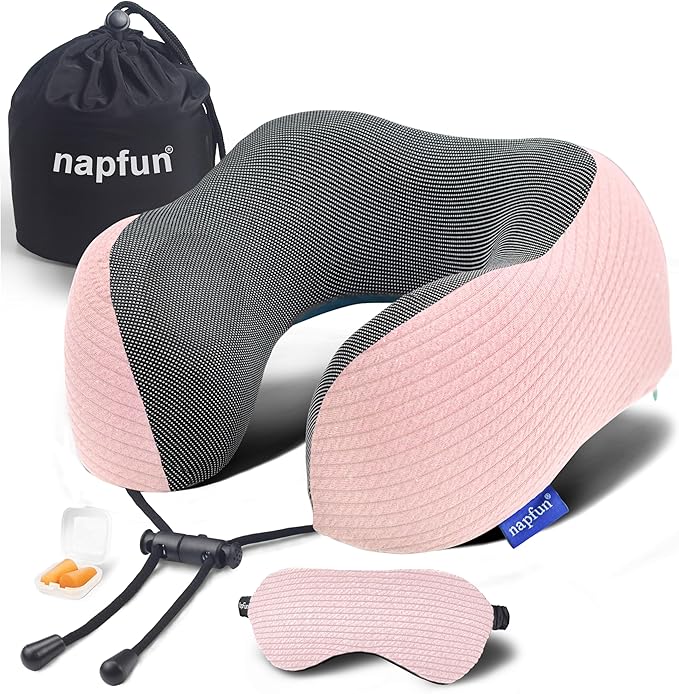 napfun Neck Pillow for Travel with Travel Pouch, Sleep Mask & Earplugs, Memory Foam Airplane Pillow for Headrest Sleep with Eyeshades, Plane Essentials with Eye Blindfold, Pink Striped Kit