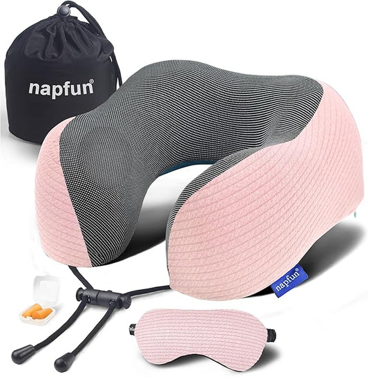 napfun Neck Pillow for Travel with Travel Pouch, Sleep Mask & Earplugs, Memory Foam Airplane Pillow for Headrest Sleep with Eyeshades, Plane Essentials with Eye Blindfold, Pink Striped Kit