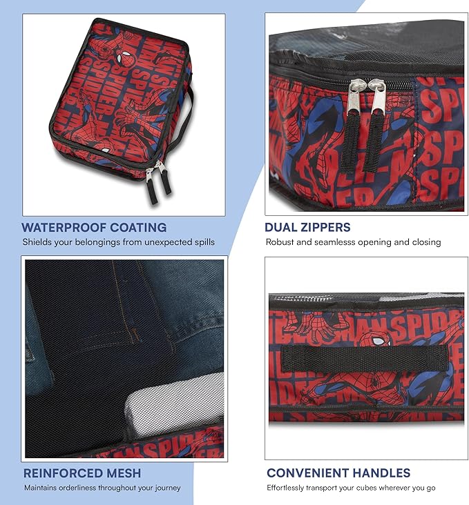Marvel Spiderman 5-Piece Packing Cube Set - Spiderman, Ironman, Captain America - 5 Piece Packing Cubes Compression Travel Essential Accessories - Luggage Suitcase Organizer Set - For Kids, Adults