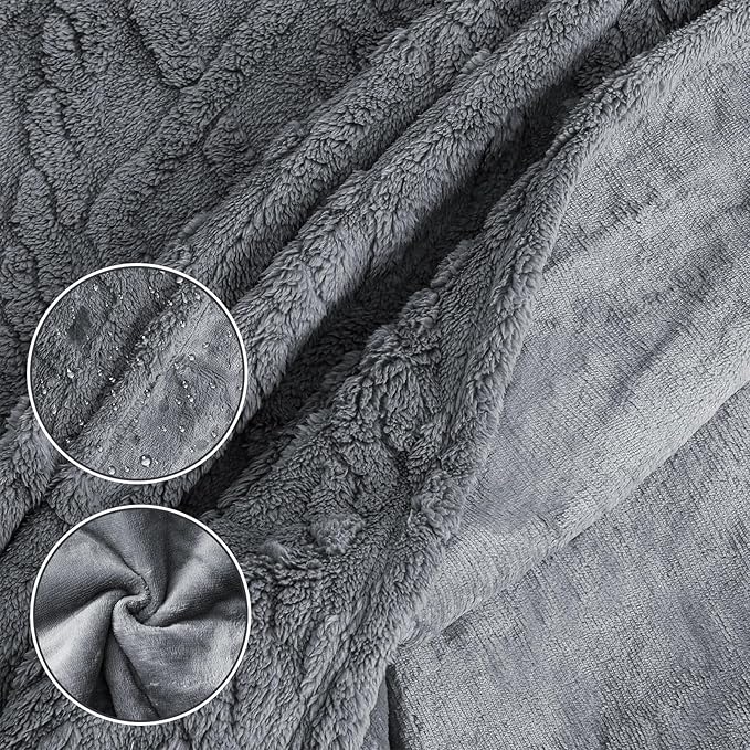 King Size Waterproof Blanket for Bed Couch, 80'' x 60'' Double Side Leakproof Reversible Sherpa Flannel Fleece 3-Layer Lightweight Blanket, Absorbs 50oz, Gray, Machine Washable