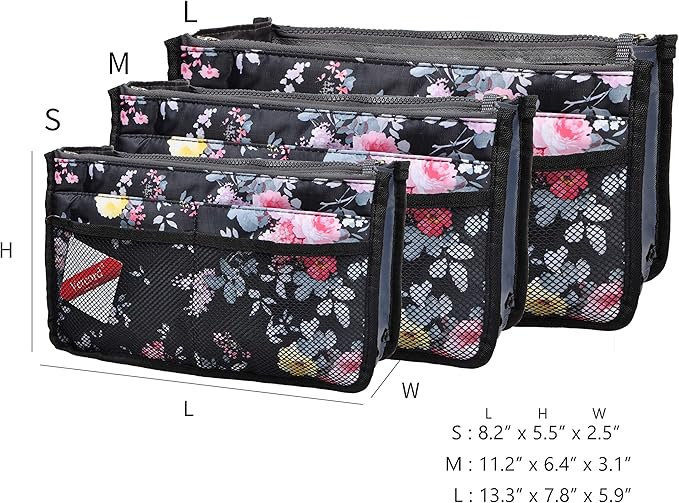 Vercord Purse Organizer Insert for Handbags Bag Organizers Inside Tote Pocketbook Women Nurse Nylon 13 Pockets Peony Flowers Small