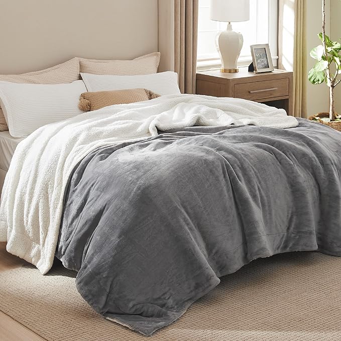 Bedsure GentleSoft Sherpa Fleece King Blankets for Bed, Non-Heated, Thick and Warm Throw for Women and Men, Soft Fuzzy Plush King Blanket for Winter, Grey, 108x90 Inches