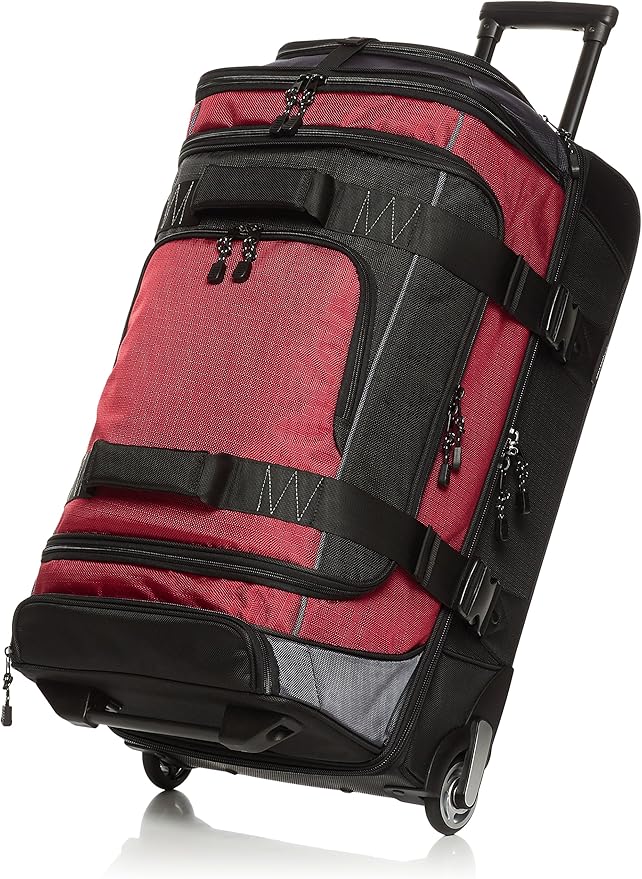 Amazon Basics Ripstop Wheeled Duffel Bag with Multi-Pocket Design, Portable, 30", Red