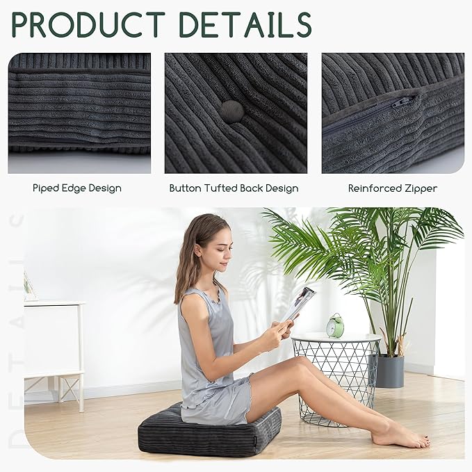 HIGOGOGO Tufted Corduroy Recliner Seat Cushion for Elderly, High Density Foam Large Square Seat Cushion for Recliner Chair, Floor Pillow, Office Chair, Car, No Pressure on Thighs, 20x20x4