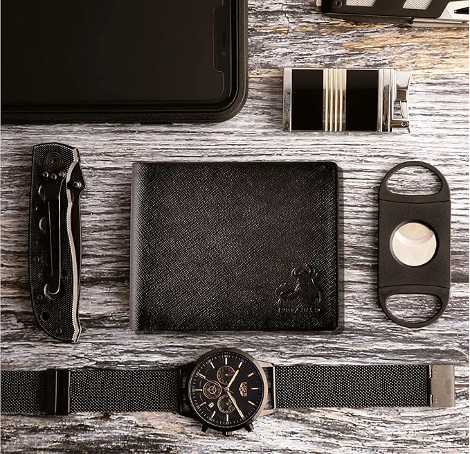 Mens RFID Leather Wallet Bifold on Black Saffiano Designer Leather, Secure and Durable Extra Capacity Billfold with 11 Credit Cards, Flip Up ID, Tight Stitching & Quick Thumb Push Access, Gift Boxed