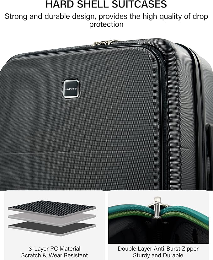 Hanke 24 Inch Expandable Checked Luggage with Cup Holder and Charger Port,Top Opening Hard Shell Suitcases with Wheels, Medium Travel Rolling Suitcase Trunk Luggage with Lock, Jet Black