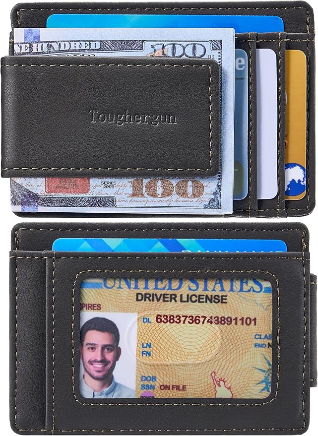 Toughergun Slim Wallet for Men RFID Blocking Money Clip, Minimalist Front Pocket Credit Card Holder, Magnetic Thin Mens Wallets with ID Window