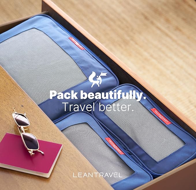 LeanTravel Premium Compression Packing Cubes for Travel - Suitcase Organizer Bags with Double Zipper & Breathable Mesh Panel - Space Saving Carry On Luggage Essentials (6-Pack, Navy Blue)