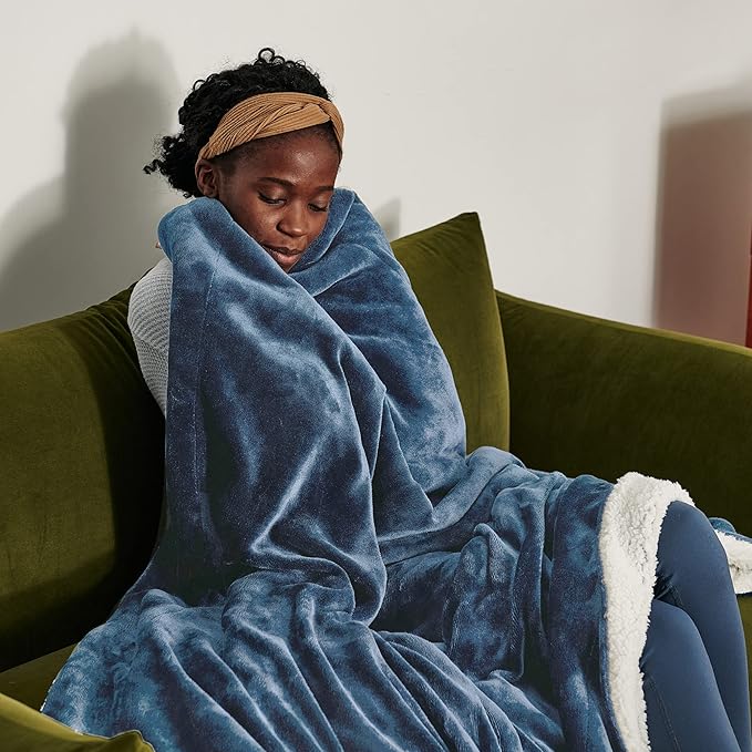 Bedsure GentleSoft Sherpa Fleece Blanket Queen Size for Bed, Non-Heated, Thick and Warm Throw for Women and Men, Soft Fuzzy Plush Queen Blanket for Winter, Slate Blue, 90x90 Inches