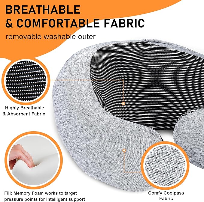 Travel Pillow - Hooded Neck Pillow Airplane Memory Foam Filling for Plane, Cars Sleeping, Road Trip, Long Flights, Portable Plane Accessories, Includes Eye Mask & Earplugs (Light Gray)