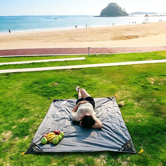Pocket Blanket 71"x55", Lightweight Compact Sandproof Waterproof Outdoor Blanket for Beach, Hiking, Camping, Travel, Festivals, Picnic with Pockets, Loops, Stakes, Carabiner