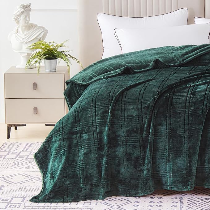 Soft Cozy Plaid Fleece Twin Siz Blanket, 60x80 Inches – 3D Jacquard Diamond Design, Lightweight Blanket for Couch, Sofa, Camping & Travel, Forest Green