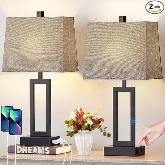 23.5" Touch Control Table Lamps Set of 2, Bedside Lamp with 2 USB Charging Ports & AC Outlet, 3-Way Dimmable Modern Nightstand Lamp for Living Room Bedroom End Table Office(2700K 2 LED Bulbs Included)