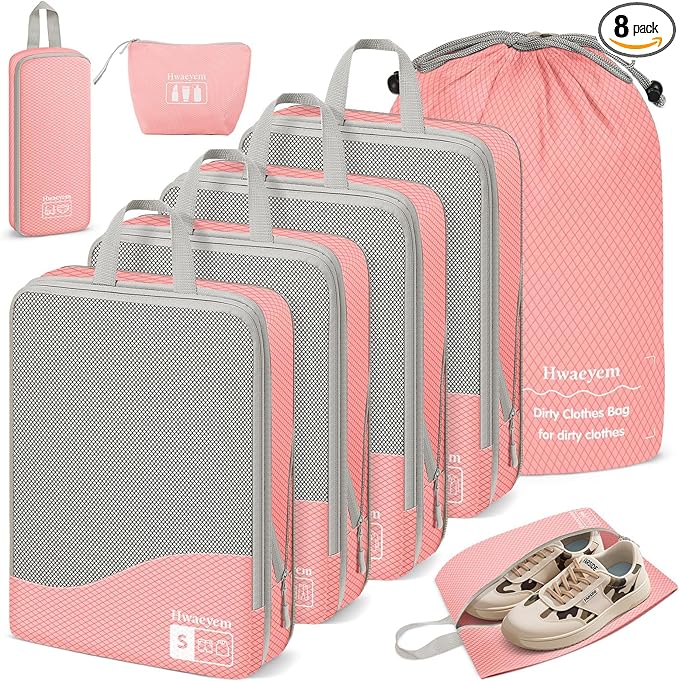 Compression Packing Cubes 8 Set, Dual Zipper Compression Packing Cubes for Travel, See-Through Mesh Packing Bags for Suitcases, Compression Travel Cubes with Shoe Bag (Pink)