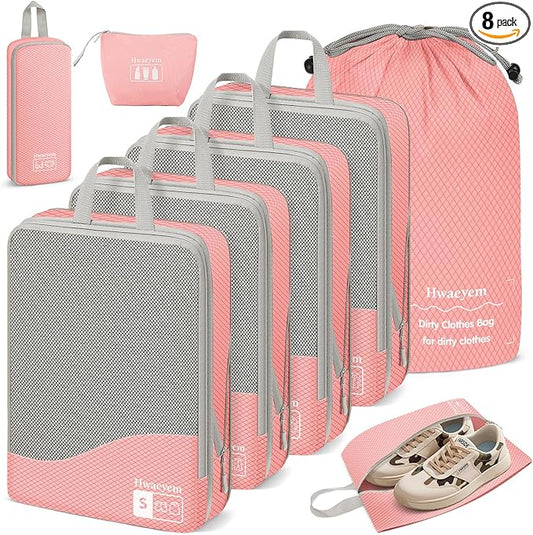 Compression Packing Cubes 8 Set, Dual Zipper Compression Packing Cubes for Travel, See-Through Mesh Packing Bags for Suitcases, Compression Travel Cubes with Shoe Bag (Pink)