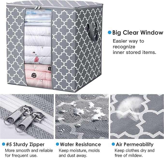 WISELIFE Storage Bags 2 Pack/100L Large Blanket Clothes Organization and Storage Containers for Comforters,Bedding, Foldable Organizer with Reinforced Handle, Clear Window, Sturdy Zippers,Light Gray